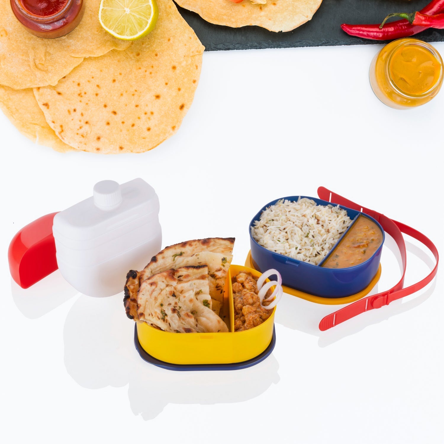 7158 Mr. Chef Smart Lunch Box Capsule shape strap-on lunch box with water bottle and handle DeoDap 7158 Mr. Chef Smart Lunch Box Capsule shape strap-on lunch box with water bottle and handle DeoDap